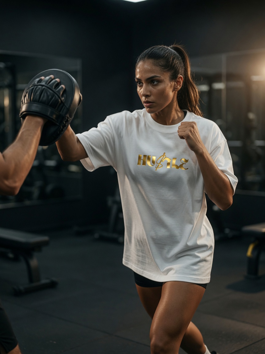 Model in white HUSTLE oversized tee