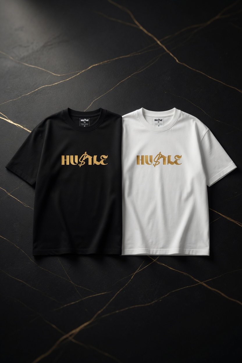 HUSTLE black and white oversized tees product flatlay
