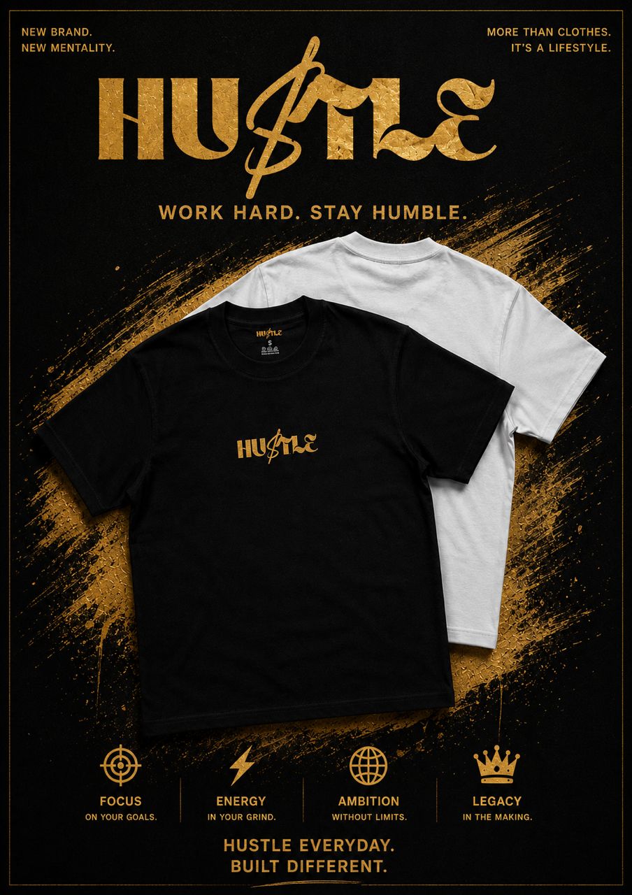 HUSTLE brand — black and white oversized tees with gold logo